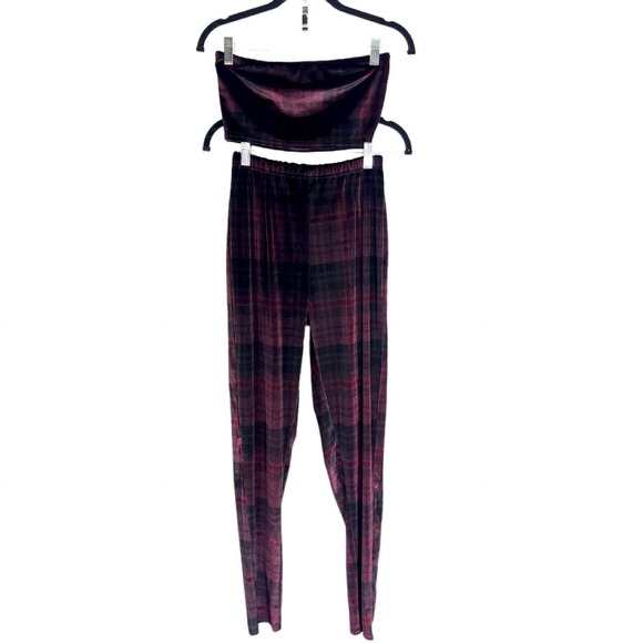 Nasty Gal Womens Pants Top Set Plaid About You Maroon Co Ord Velvet Velour Sz 4 - Picture 2 of 11
